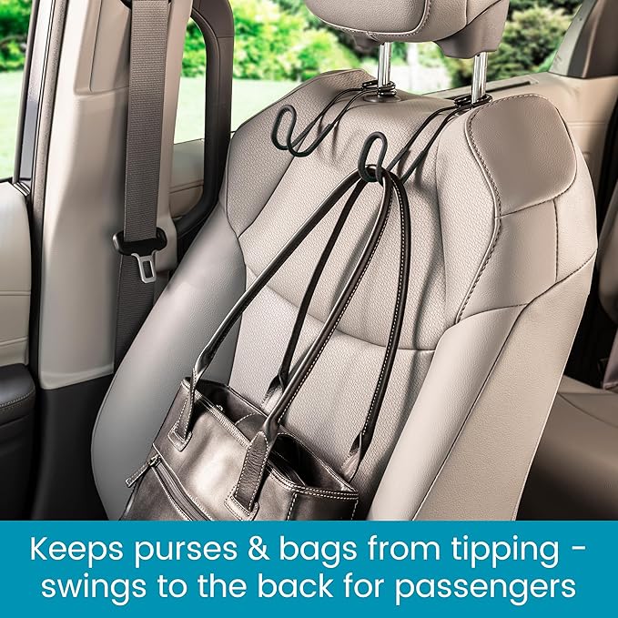 High Road Car Hooks for Purses and Bags with Leather Trim - Unbreakable Car Seat Hooks for Large Purse Straps and Heavy Bags up to 40 lbs - Secure Attachment Loops Fit All Headrest Posts, 2-Pack