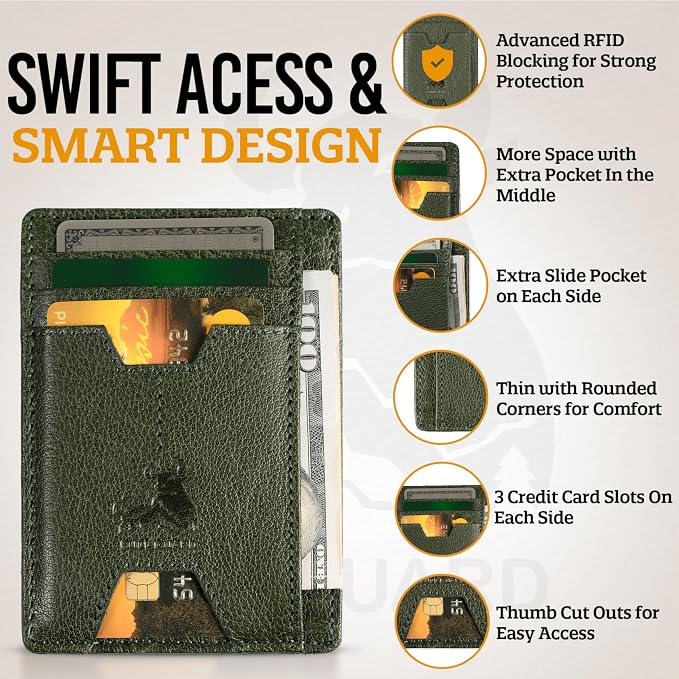 BULL GUARD Mens RFID Blocking Leather Slim Card Case Wallet with Easy Access ID windows, Cash & Card Slots, Crafted with Premium Top Grain Leather Ideal for Travel or Everyday Use (Wild Buffalo Green)