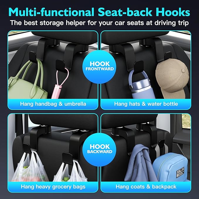 Amooca Car Seat Hooks Anti-Drop Headrest Storage Hanger Universal Fit Automotive Organizer for Purse Bag Coat Black 2 Pack