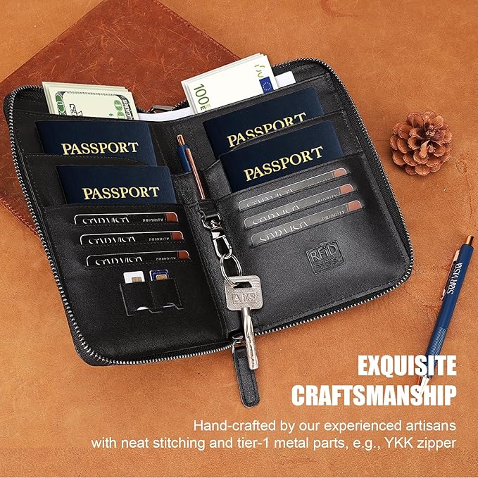 STAR VISTA Lorenzo Full Grain Leather Family Passport Wallet for 4, Large Travel Document Organizer for Exquisite Voyagers, Multi-Currency Compartments, RFID Blocking, AirTag Track, Black