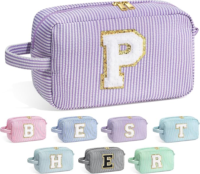 YOOLIFE Initial Cosmetic Bag for Women - Monogram Cute Makeup Bag Cosmetic Case Toiletry Pouch for Women Her Best Friend Sister Teacher, Personalized Birthday Gifts for Women, Purple P