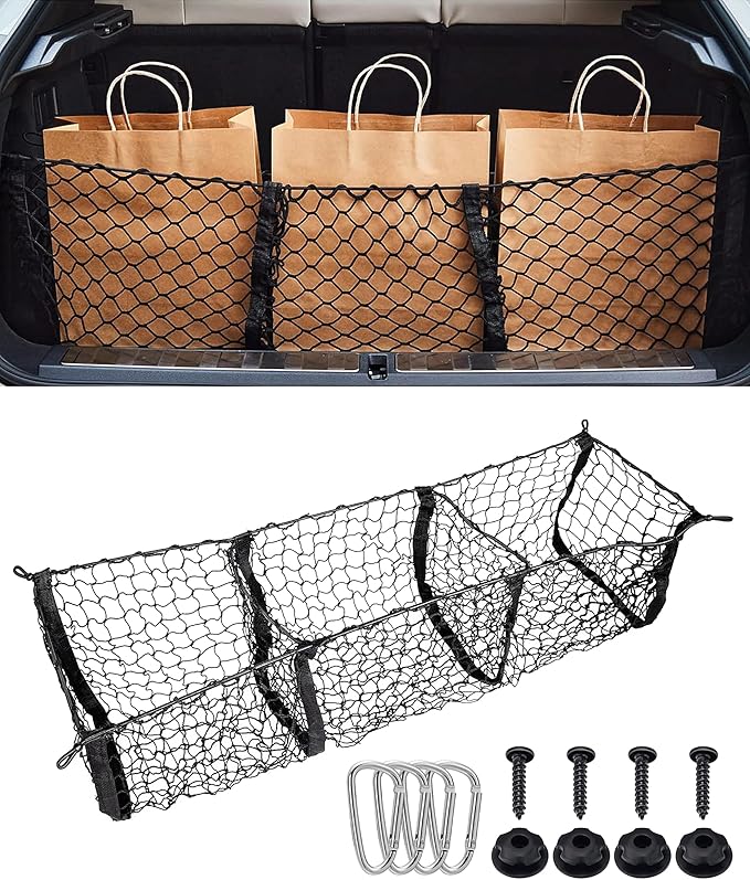 SCUARI Cargo Net,Truck Bed Organizer,Car Accessories Cargo Net for Pickup Truck Bed,3 Pocket Trucks Beds Cargo Nets,43.3" x 11.8" Elastic Cargo Nets,Suitable for Car SUV Van Trunk Pickup