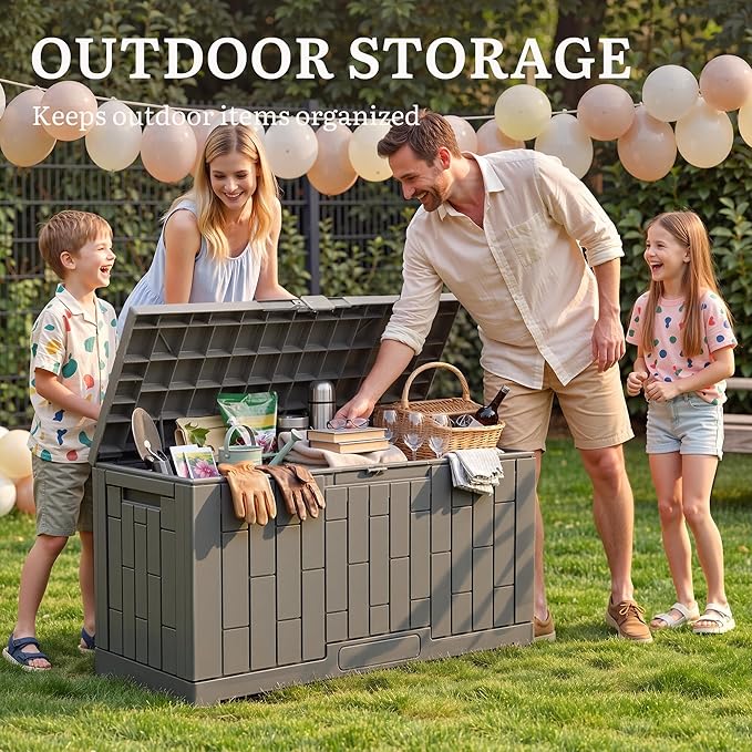 YITAHOME 60 Gallon Outdoor Storage Box, Waterproof Resin Deck Box with Slide-Locking Lid, Patio Storage Bin and Bench Seat for Patio Furniture, Garden Tools and Pool Accessories, Light Brown