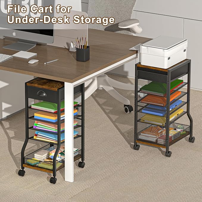 keomaisyto 6-Tier Rolling File Cart with Drawer, Under Desk Storage with Paper Letter Sliding Trays, Standing File Organizer with Wheels, Slim Workspace Organizers for Office/Home/School/Study