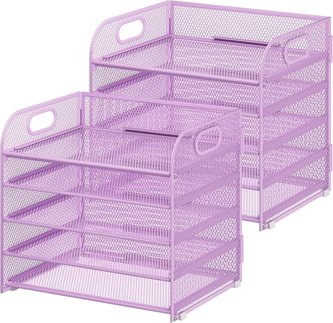 Cawukege 2 Pack 5 Tier Paper Organizer, Letter Tray with Handle, Mesh Desk Organizer, Metal File Organizer, Office Desk Accessories for Home, Office, Classroom, School -Purple