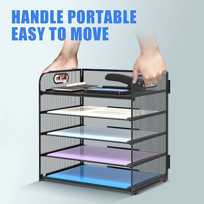 Supeasy 2 Pack 5-Tier Desk Organizer with Handle Mesh Desk File/Paper Organizer Letter Tray for Office, School, Classroom and Home Easy Installation, Black