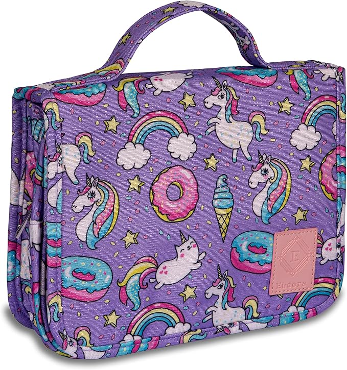 Eudora Cute Rainbow Unicorn Cartoon Toiletry Bag for Girls and Kids, Waterproof Bathroom Bag for Weekend with Many Rooms Pockets and Portable 360 Degree Hanging Hook