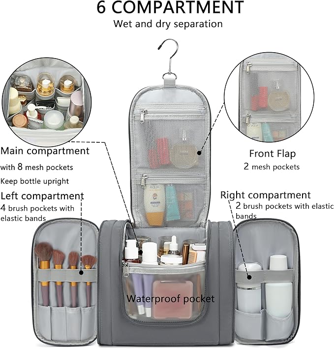 Hanging Travel Toiletry Bag for Men and Women with Metal Swivel Hook, Large Travel Makeup Organizer for Full Sized Cosmetics and Toiletries, Water-Resistant Bathroom Toiletry Bags, Grey
