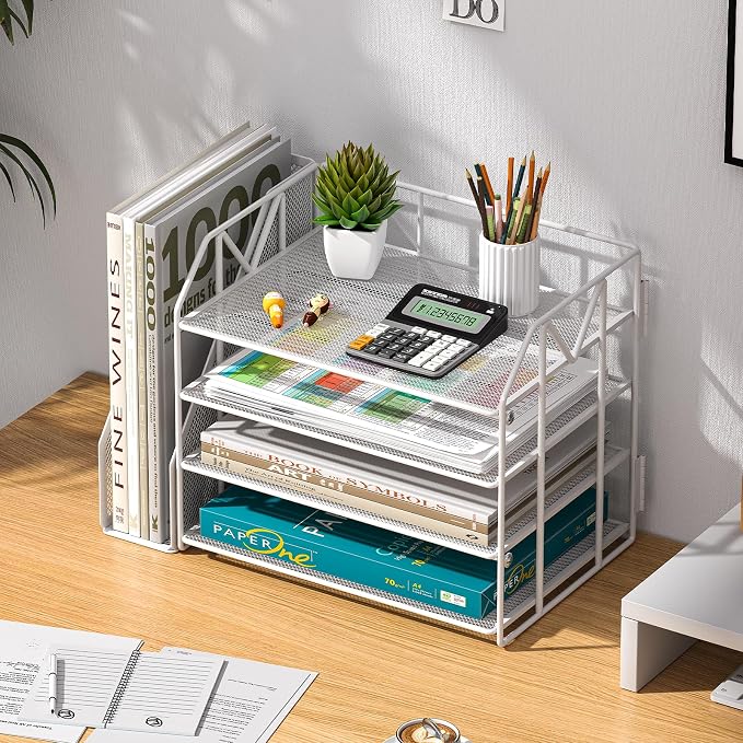 4-Tier Paper File Organizer with Bookend, Metal Desk Organizer, Tiered Paper Tray for Letter/A4 Files, Desktop Office Supplies Storage Rack for Home Office, Classroom, School & Work, White