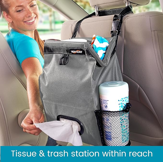 High Road Car Organizer with Car Trash Bin and Tissue Holder - Holds Full Size Tissue Box, Bottles and Wipe Containers - 2 Gal Leakproof Covered Trash Can with Push-Close Lid