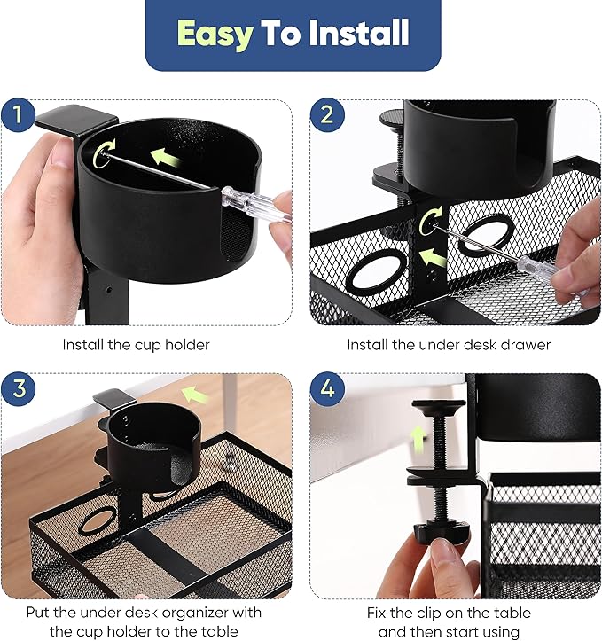 360 Rotating Under Desk Drawer Organizer with Cup Holder Clamp On Desk Drawer No Drilling Table Management Tray Anti-Slip Swivel Pencil Drawer Under Table Storage Easy Install for Home Office