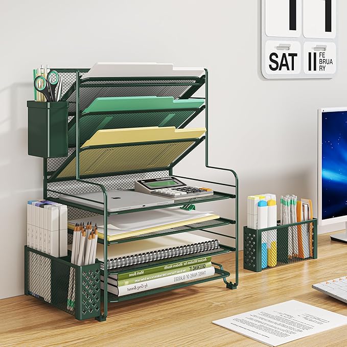 Simple Trending 7 Tier Desk File Organizer, Letter Tray Paper Organizer with Pen Holder and Metal Hanging Basket, Green