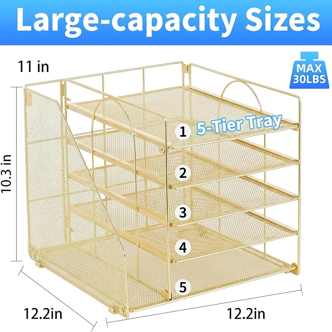 OPNICE 5-Tier Desktop File Paper Organizer, Desk Organizers and Accessories, Office Desk Accessories & Workspace Organizers for Home Office Supplies, Gold
