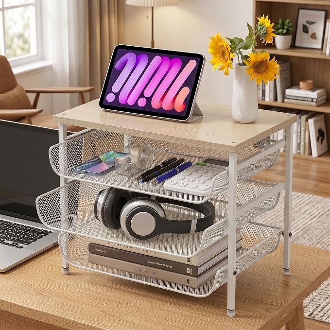 4-Tier Mesh Desk Organizer with Drawer Wooden Top Desktop Organizers File Holder Letter Tray Supplies Paper Organizer Home Office Accessories White
