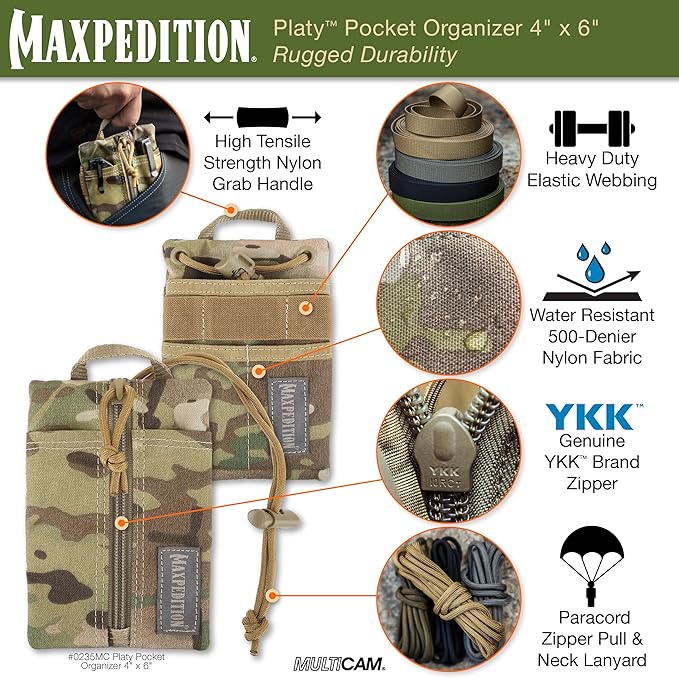 MAXPEDITION Platy Pocket Organizer, Durable EDC Tool Pouch for Men, Neck Wallet with Paracord Lanyard, Holds Flashlight, Multitool, Pen, Notebook