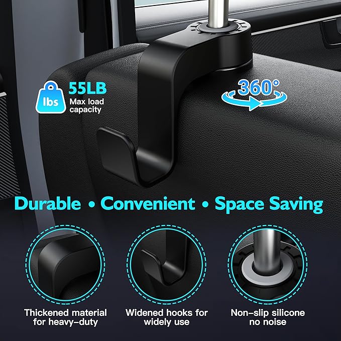 Amooca Car Seat Hooks Anti-Drop Headrest Storage Hanger Universal Fit Automotive Organizer for Purse Bag Coat Black 2 Pack