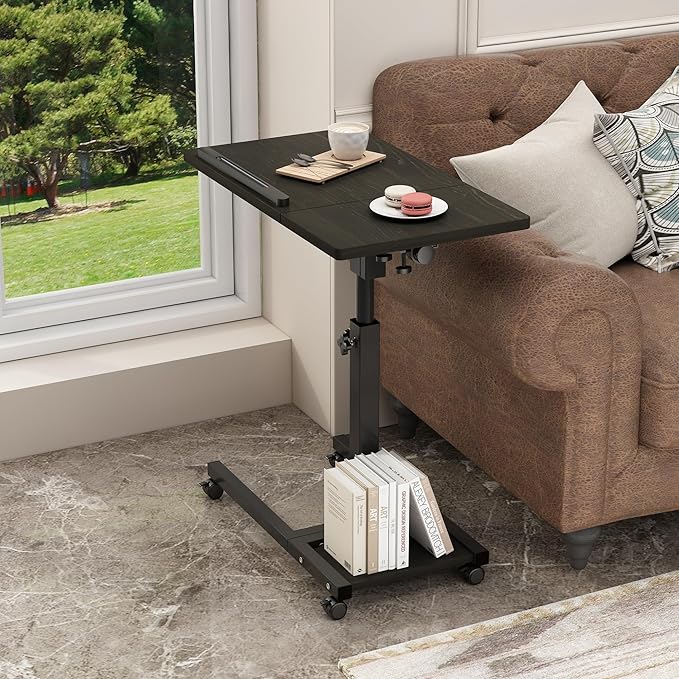 Laptop Desk Stand for Bed Portable Desk Overbed Bedside Mobile Laptop Table Rolling Foldable Table Adjustable Height with Locked Wheels & Mouse Pad for Office Sofa (Dekuwood Black)