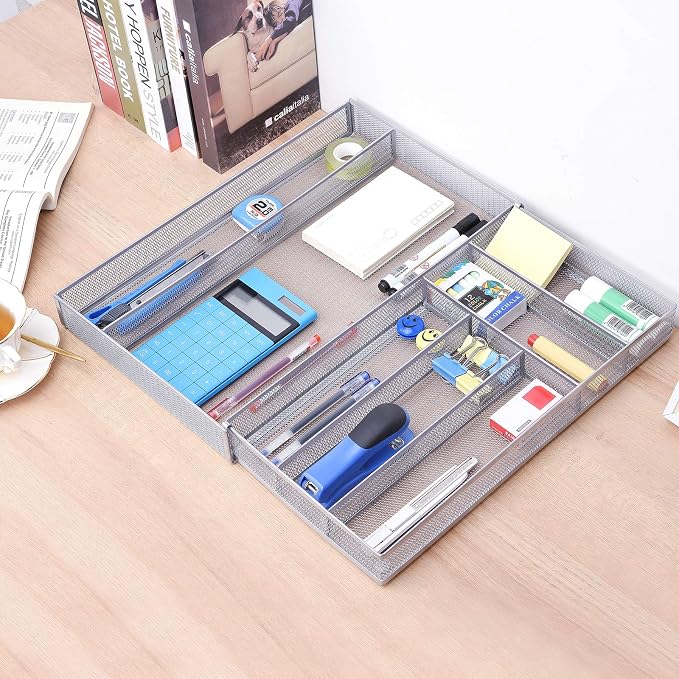 WuGeShop Expandable Office Drawer Organizer, 6 to 7 Compartments Adjustable Mesh Desk Drawer Organizer, Good Desk Organizer for Office Supplies and Art Supplies