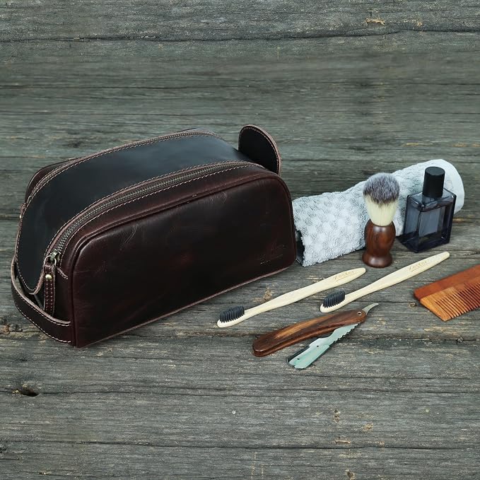 Toiletry Bag | Leather Dopp Kit for Men & Women – Travel Organizer with Multiple Compartments, Water-Resistant, Durable & Stylish | Grooming Essentials, Shaving & Makeup Pouch (Brown)