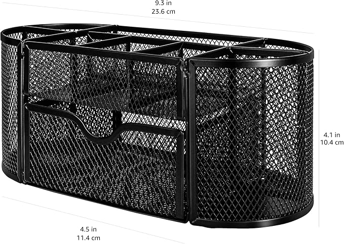 Amazon Basics Mesh Desk Organizer with Pen Holder, Pullout Drawer and Office Caddy Storage, 9.25" x 4.53" x 3.94", Black