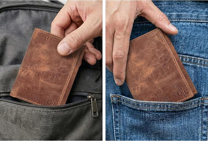 Tri fold Leather Wallet for Men with RFID | Slim Wallets for Men with 1 ID and 6 Credit card slots | Front Pocket Minimalist