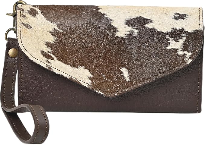 Merbaa Leather Wallet for Women, Wristlet Bifold Card Cash Phone Wallet Ladies Cowhide Hair-On Travel Clutch Purse, Slim Bifold Organizer with Card Slots, Zip Coin Pocket & Magnetic Closure, Brown
