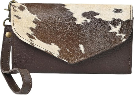 Merbaa Leather Wallet for Women, Wristlet Bifold Card Cash Phone Wallet Ladies Cowhide Hair-On Travel Clutch Purse, Slim Bifold Organizer with Card Slots, Zip Coin Pocket & Magnetic Closure, Brown