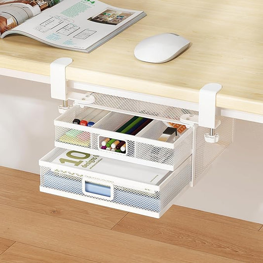 Sliding Under Desk Drawer Organizer No Drilling 2 Drawers Slide Out Desktop Or Under Table Storage Metal Clamp On Desk Drawer Attachment Anti-Slip Desktop Organizer for Home & Office, White