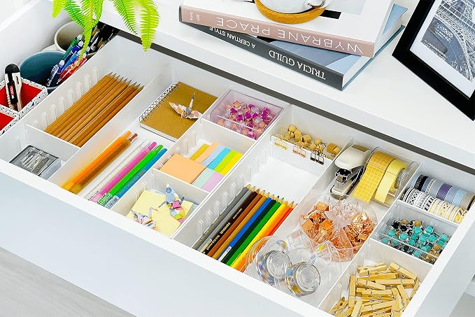 CAXXA 3 Slot Drawer Organizer with 4 Adjustable Dividers - 7 Compartments Junk Drawer Storage for Makeup & Vanity, Office Desk Supplies and Accessories,WHITE (2 pack)