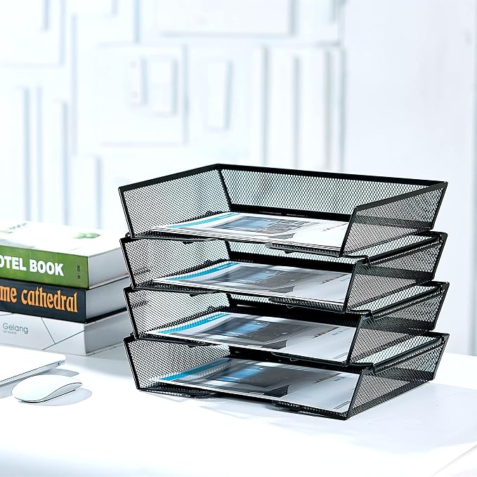SETTFRFE 4 Tier Metal Letter Tray Desk Organizer-Stackable Paper Tray,Black | Desk Tray Organizer with Reinforced Edges,Stackable File Trays Organizers and Storage System for Office,School,Home