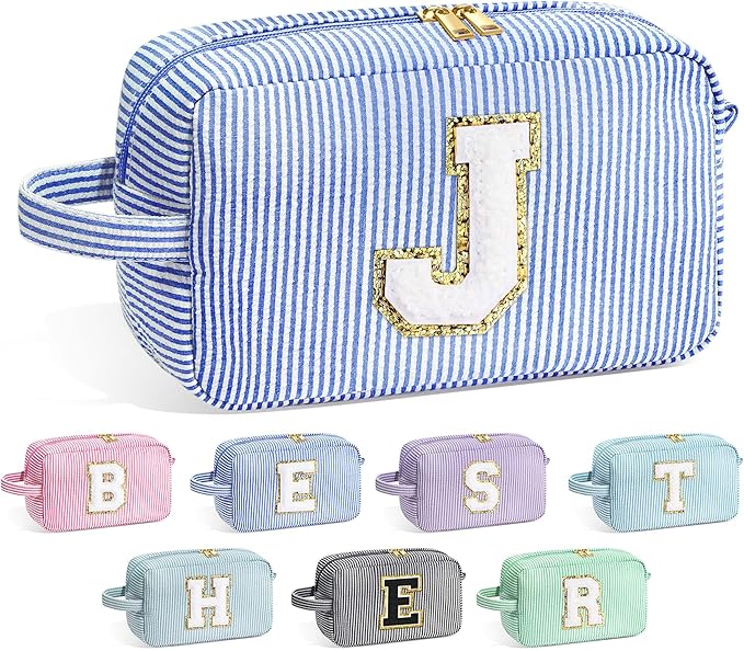 YOOLIFE Initial Makeup Bag for Women - Monogram Cute Makeup Bags Cosmetic Case Toiletry Pouch for Women Her Best Friend Sister Teacher, Personalized Birthday Gifts for Women, Blue J