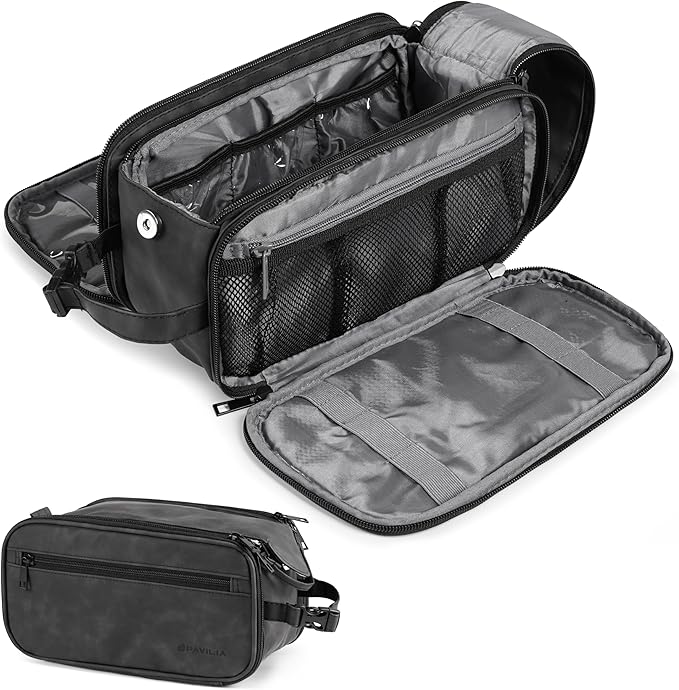 PAVILIA Toiletry Bag for Men, Hanging Travel Dopp Kit Organizer, PU Leather Water Resistant Bathroom Bag for Shaving Grooming, Large Capacity Cosmetic Bag Travel Essentials, Black