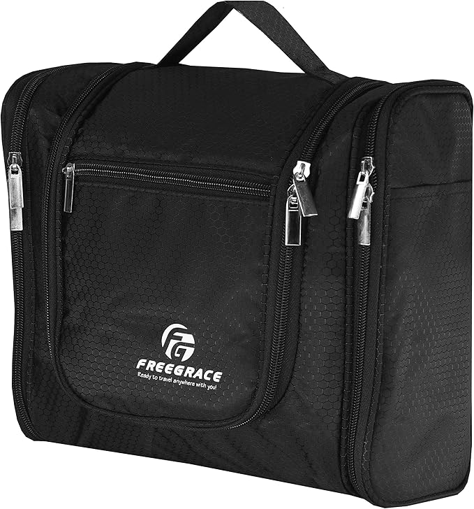 Freegrace Extra Large Hanging Toiletry Bag for Men and Women - Water-Resistant Nylon Travel Bathroom Organizer for Cosmetics, Makeup, and Toiletries