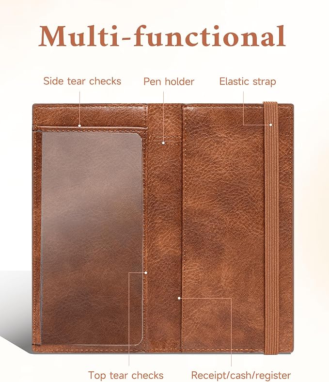 Zreal Checkbook Cover for Men & Women, Premium Vegan Leather Checkbook Holder for Top & Side Tear Duplicate Checks with RFID Blocking (Distressed Brown)