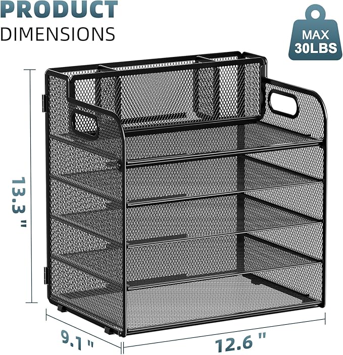 Marbrasse 5 Tier Paper Organizer with 3 Pen Holders, Mesh Desk File Organizers with Handle, Paper Sorter Desk Organizer for Home Office Supplies(Black)