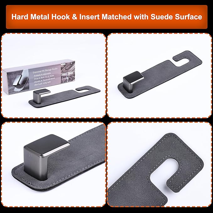Car Seat Back Hook Metal with Suede Universal Vehicle Headrest Hangers Interior Storage Organizer for Purse Handbag Coat Grocery Bags 2 Pack Grey