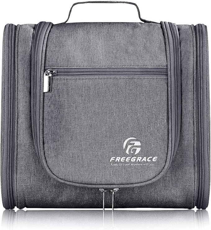Freegrace Extra Large Hanging Toiletry Bag for Men and Women - Water-Resistant Nylon Travel Bathroom Organizer for Cosmetics, Makeup, and Toiletries