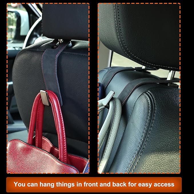 Car Seat Back Hook Metal with Suede Universal Vehicle Headrest Hangers Interior Storage Organizer for Purse Handbag Coat Grocery Bags 2 Pack Black