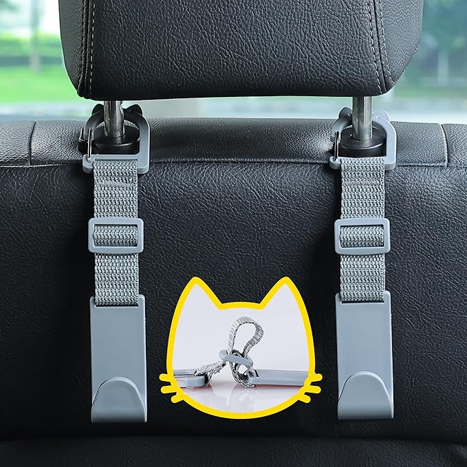 Amooca Car Headrest Hooks 4 Pack Adjustable Universal Fit Auto Seat Back Organizer Storage Hanger Purse Bags Holder with Clip Gray