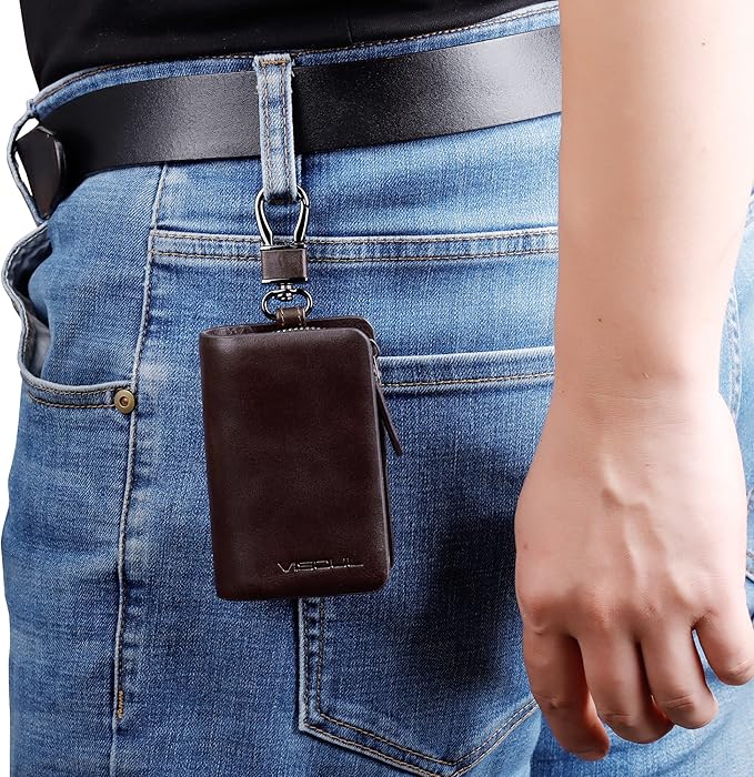 VISOUL Car Key Case Holder Double Zipper, Leather Car Smart Key Fob Case with Keychain for Men and Women