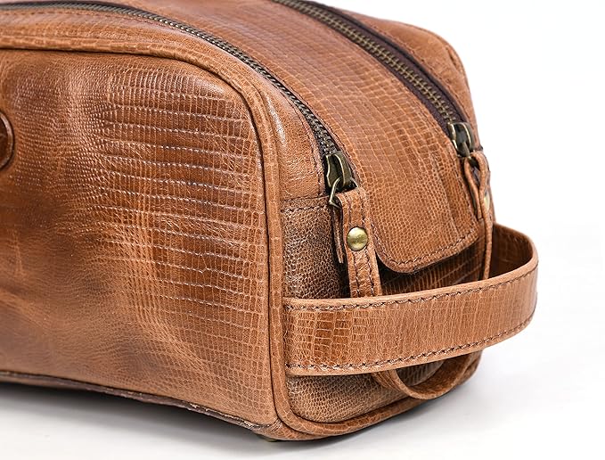 10" Premium Leather Toiletry Travel Pouch With Waterproof Lining | King-Size Handcrafted Vintage Dopp Kit By Aaron Leather Goods (Cerulean)