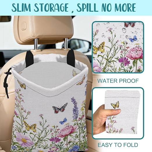 Car Garbage Bag Watercolor Butterfly Wildflower Drawstring Car Trash Bag Hanging for Back Seat with Adjustable Buckle Canvas Vehicle Trash Can Easy-to-Install
