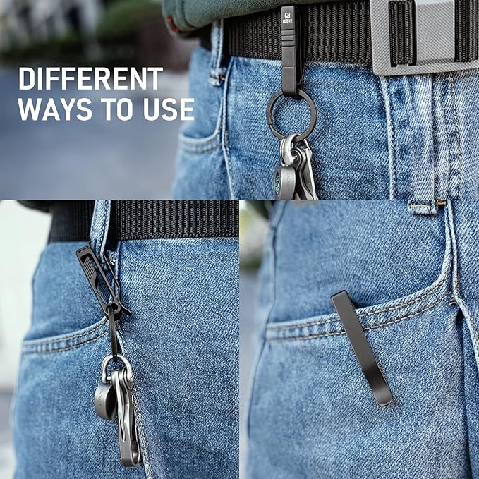 FEGVE Key Belt Clip, Titanium Belt Key Holder Carabiner Keychain Clip with Titanium Key Ring and D-Shaped Keyring for Men（Black）