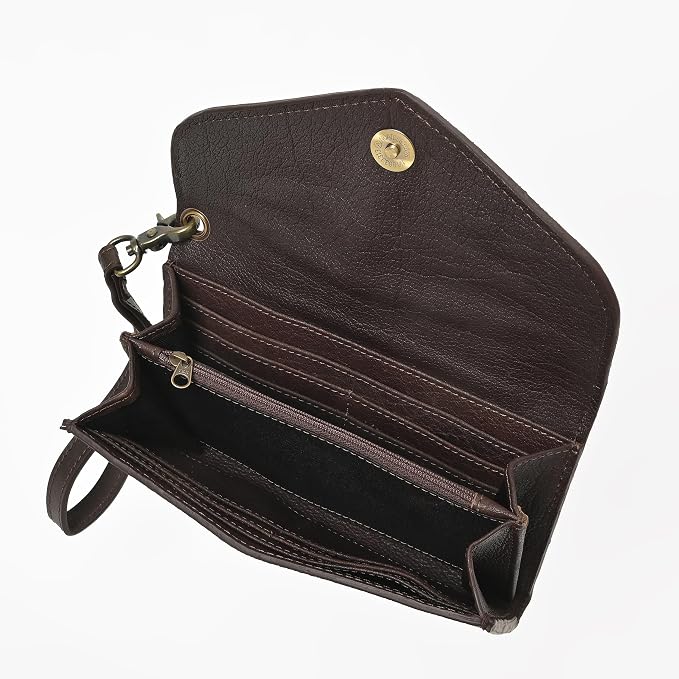 Merbaa Leather Wallet for Women, Wristlet Bifold Card Cash Phone Wallet Ladies Cowhide Hair-On Travel Clutch Purse, Slim Bifold Organizer with Card Slots, Zip Coin Pocket & Magnetic Closure, Brown