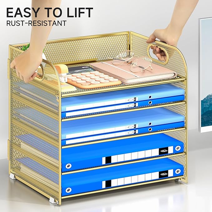 Paper Organizer Letter Tray with Handle Mesh 5 Trays Desk File Organizer Paper Sorter Desk Organizer for Office, Home or School-Gold
