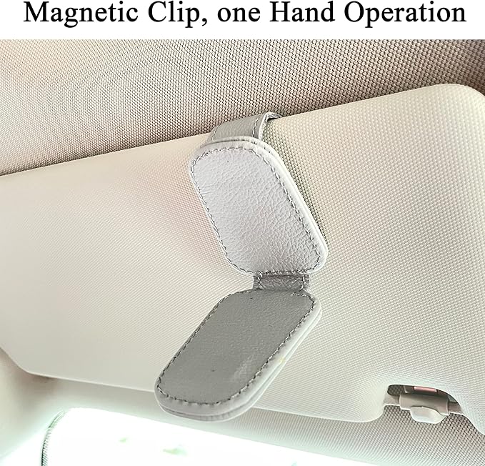 KIWEN Sunglasses Holders for Car Sun Visor, Magnetic Leather Sunglass Glasses Eyeglass Clip for Car (2, Gray)