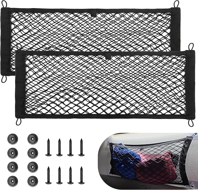 RED WOLF 2 Pcs Universal Elastic Mesh Netting Car Pouch for Trunk RV Boats Home Cargo Storage with Screws and Hooks (23.6'' x 9.8'')