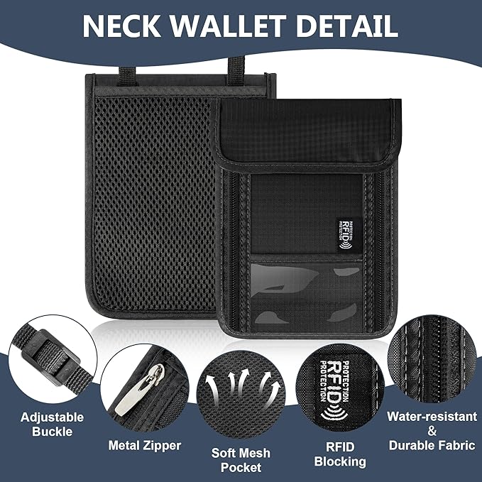 Likesing 5.5" L x 7.7" W Travel Neck Wallet, RFID Blocking Passport Holder for Travel Women Men, Security Passport Travel Wallet with 10 Card Slot, Neck Pouch Gifts for Traveling Family (Black)
