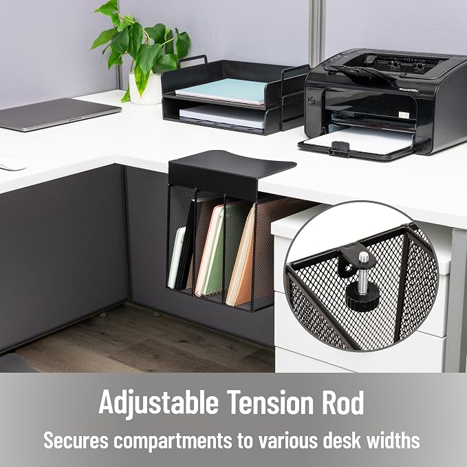Mind Reader Slide-On Under Desk File Organizer, No Tools Required, Hanging Storage for Laptops, Folders, and Notebooks, Metal, Black