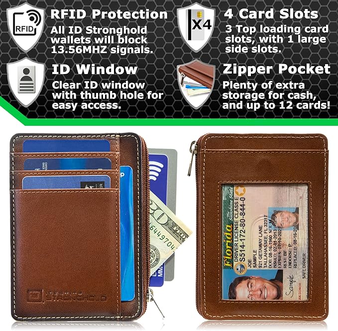 ID Stronghold RFID Blocking Front Pocket Wallet – Slim Minimalist Genuine Leather Wallet with Zipper Coin Pocket (Antiqued Brown)